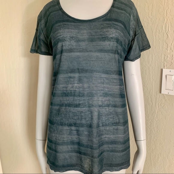 INHABIT Sheer Tonal Striped Scoop Neck Tee Lagoon Blue Size Small - Picture 12 of 16